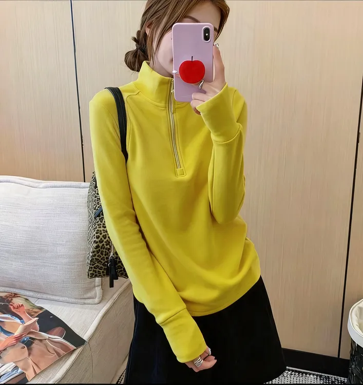 大码德绒自发热锁温半立拉链打底衫女秋冬修身百搭立领纯色上衣