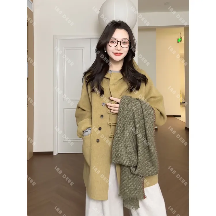 【蓝调苍耳】羊毛羊绒双面呢大衣气质韩系连帽百搭简约毛呢外套女