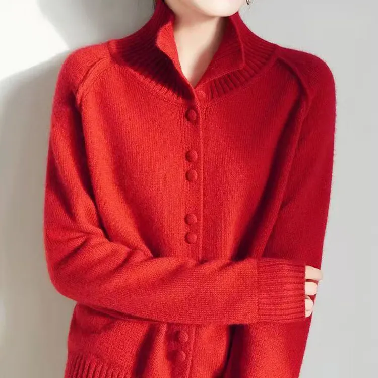 王菲同款新年红女高领包扣加厚宽松慵懒风针织毛衣羊毛开衫打底衫