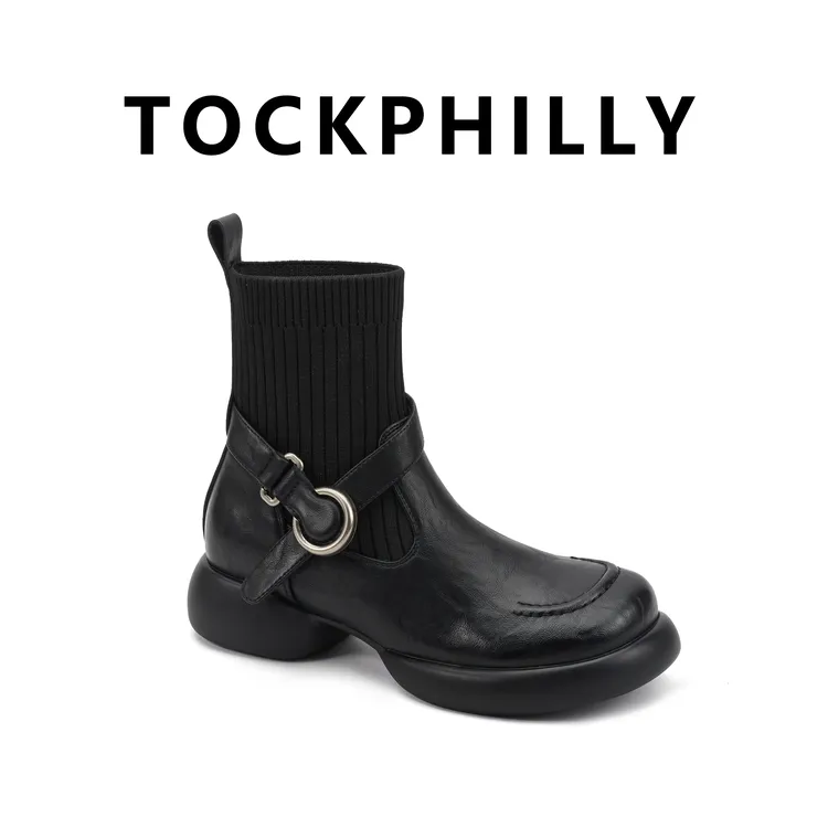 袜靴女鞋网红秋季休闲风低跟加绒中筒春秋秋冬圆头HF35161