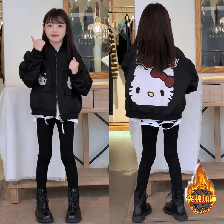 女童秋季新款韩系洋气甜酷猫猫刺绣外套破洞纯色打底铅笔裤三件