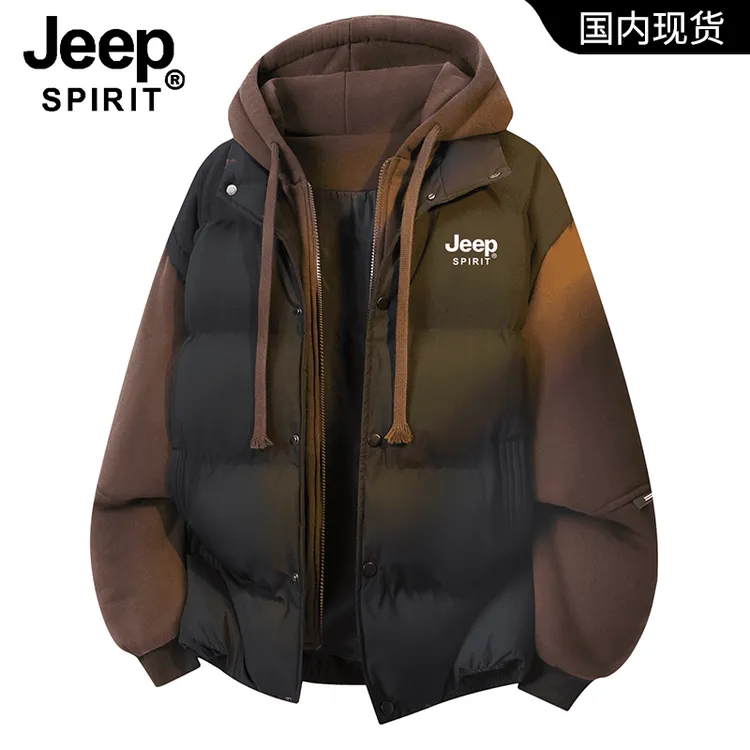 JEEP吉普冬季假两件棉服外套男士青少年拼接连帽加厚保暖情侣棉衣