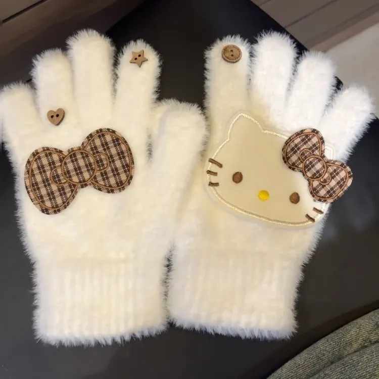 HelloKitty~可爱毛绒手套秋冬闪钻五指分指骑行加厚保暖手套FFY