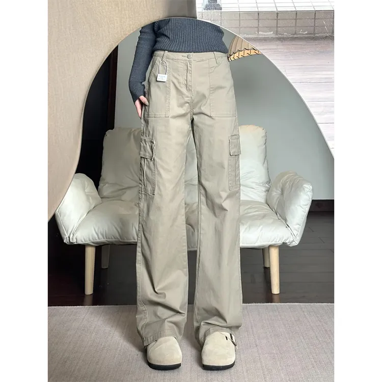 卡其色直筒工装裤女2025秋季新款窄版设计感美式复古百搭休闲裤子