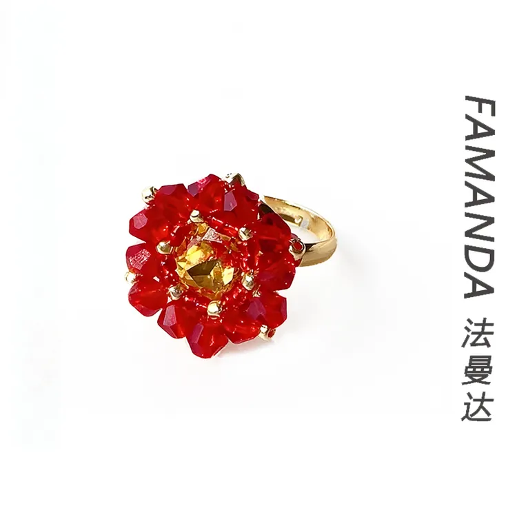 法曼达 合金仿水晶戒指 【花晶戒指】酒红色花朵仙气精致轻奢戒指