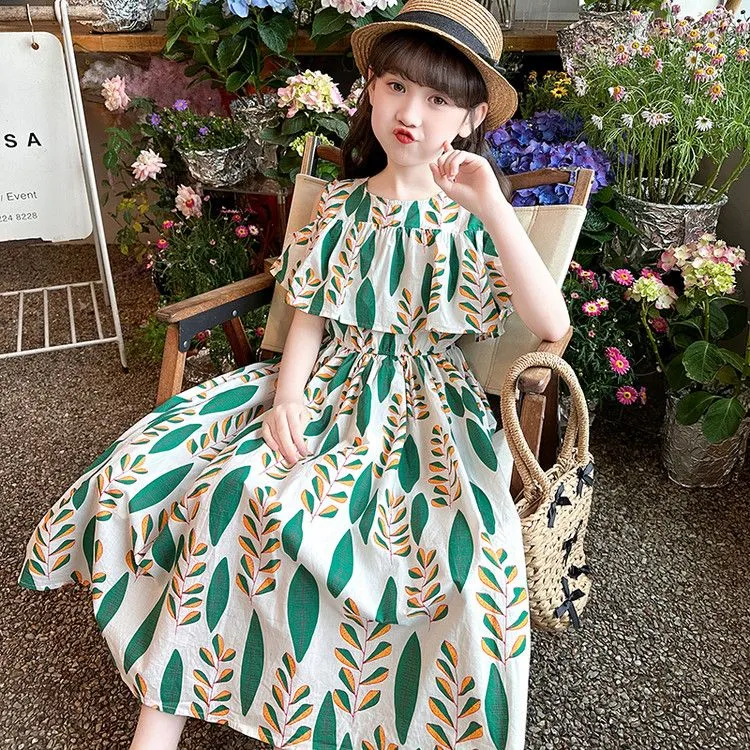 女童连衣裙夏天薄款中大童装露肩裙子儿童女孩夏季印花度假沙滩裙