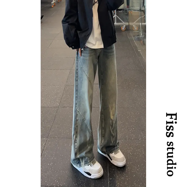 美式复古牛仔裤男款秋冬季高街vibe风高级感男装微喇阔腿直筒裤子