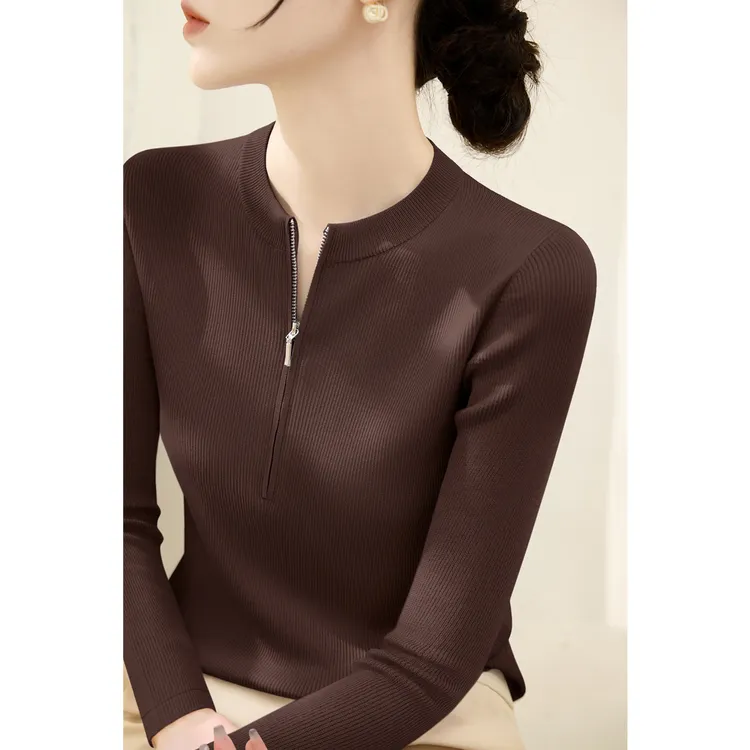 圆领长袖高级修身气质上衣2025年秋季半开式拉链设计显瘦女打底衫