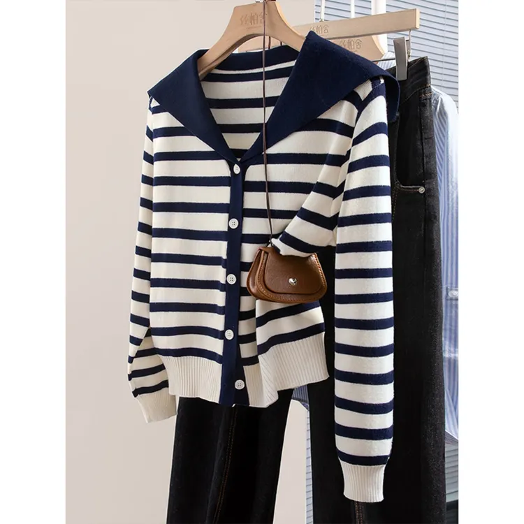 海军领条纹针织开衫女2025春秋新款设计感撞色薄款毛衣外套短上衣