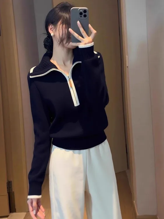 撞色半拉链大翻领针织衫冬季2025新款慵懒风百搭减龄显瘦套头毛衣