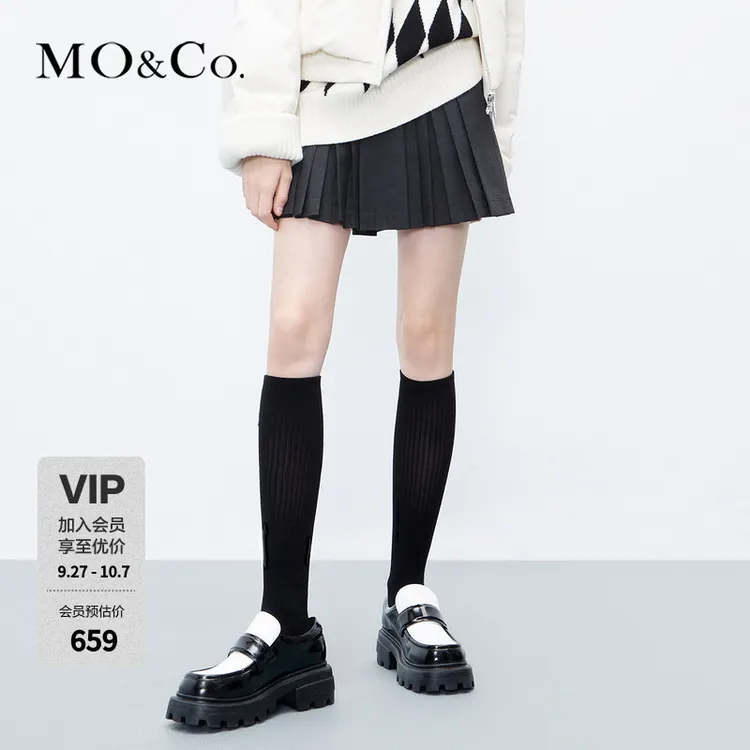 MOCO撞色橡筋织带中腰百褶裙半身裙辣妹风MBC3SKTK01