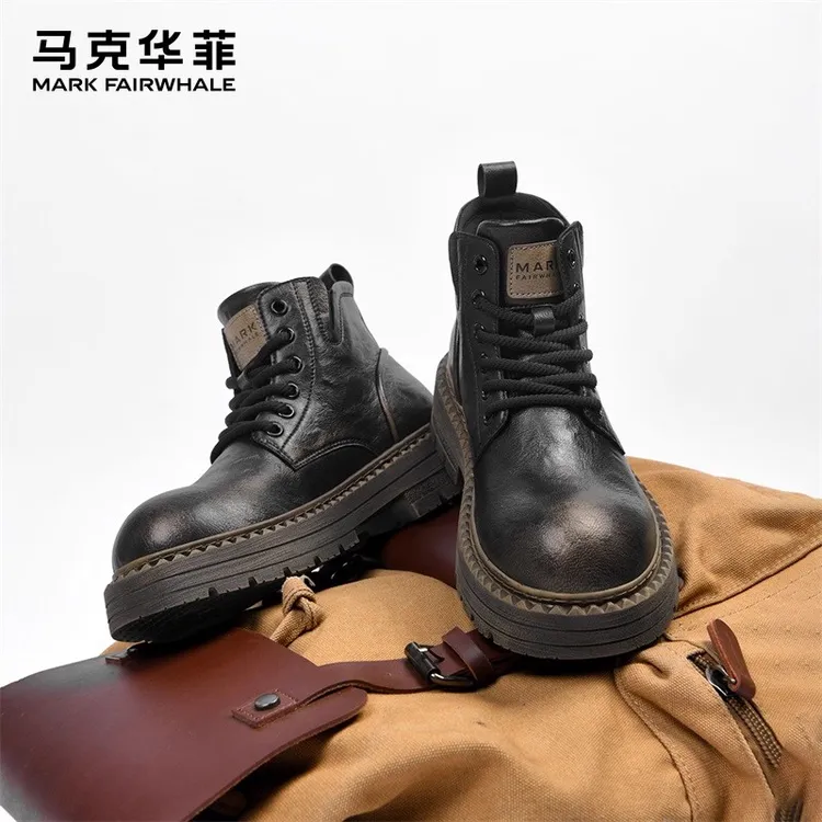 马克华菲马丁靴男黑色皮靴男款冬季鞋子男鞋靴子男士加绒切尔西靴
