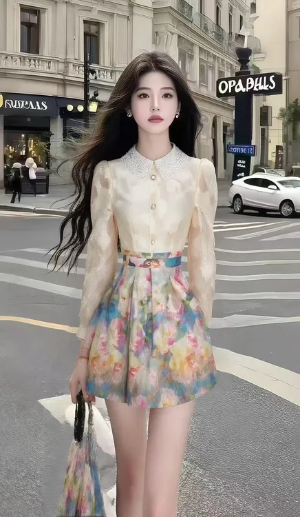性感碎花初秋甜美半身裙+气质衬衫上衣时尚套装小众设计感新款女