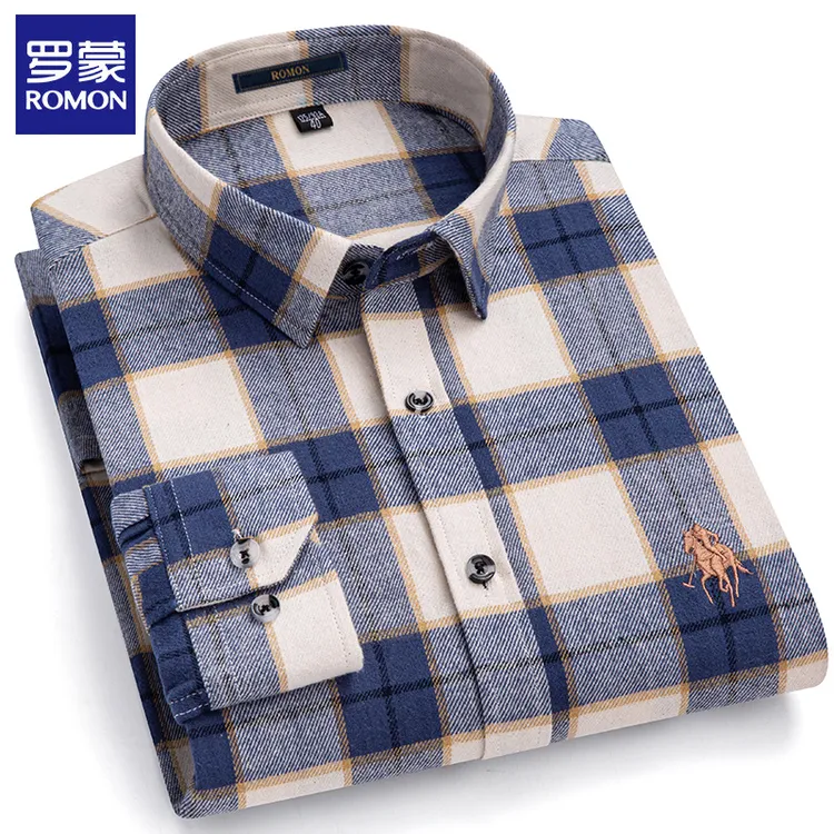罗蒙纯棉高档衬衫男士长袖上衣格子休闲衬衣中年春秋宽松商务正装