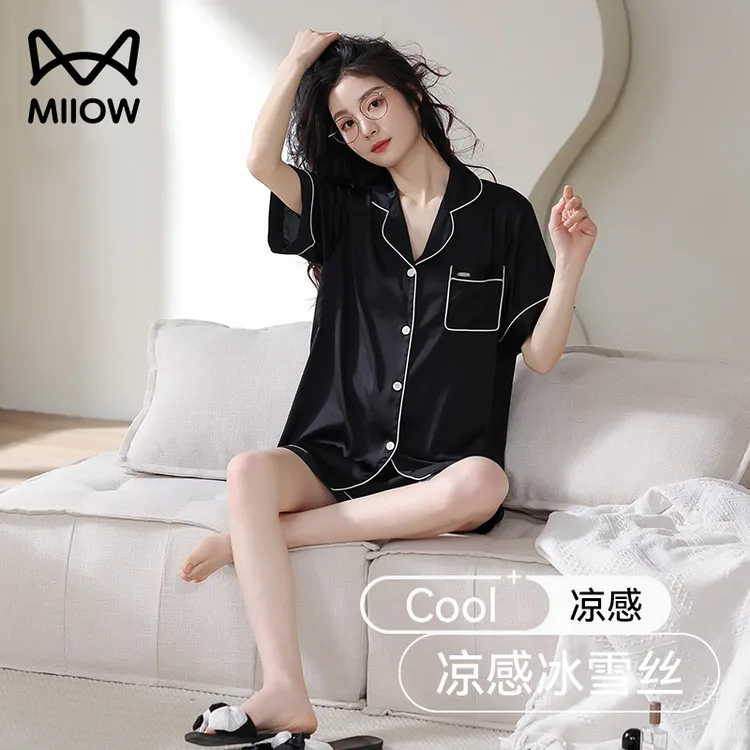 猫人冰丝睡衣女夏季凉感开衫短袖短裤套装大码透气薄款夏天家居服