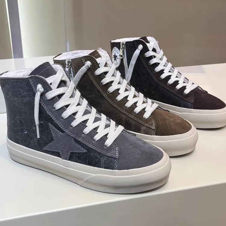 25东大门新款真皮高帮加棉星星小脏鞋百搭休闲潮流拼接做旧擦色