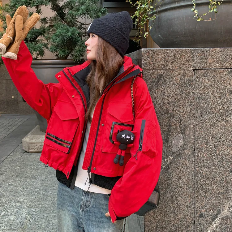 可拆卸内胆红色工装派克羽绒服女2025冬季新款90白鸭绒冲锋衣外套