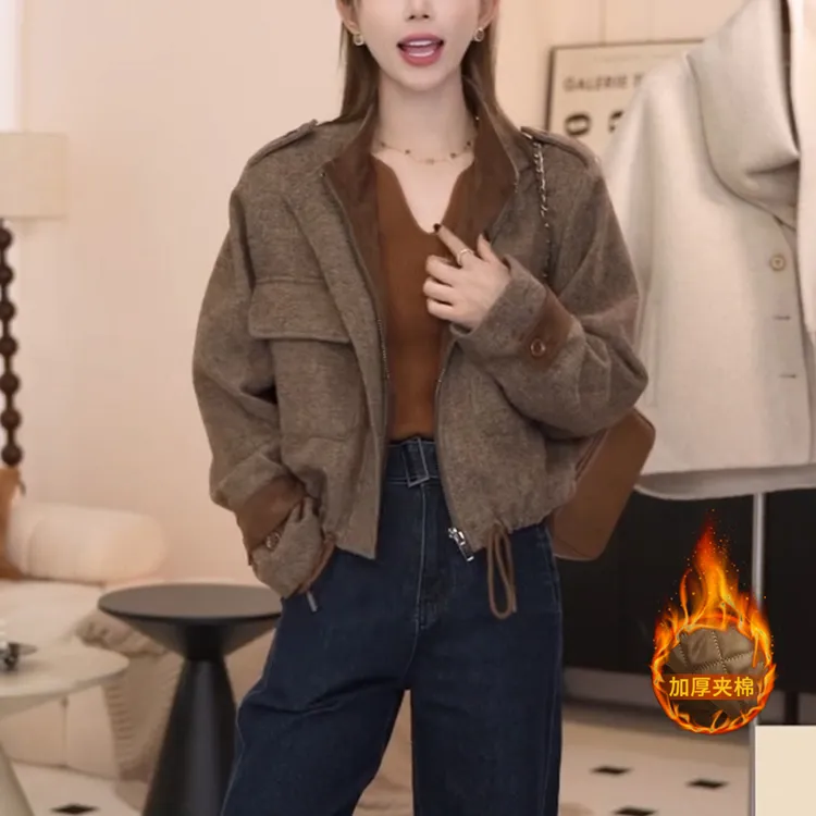 【安东尼】秋冬新款英伦风毛呢外套女撞色拼接设计感羊毛短款外套