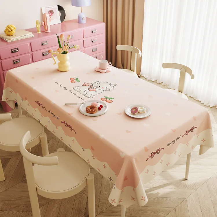 卡通桌布防水防油免洗2025新款轻奢高级感粉色可爱风长方形餐桌布