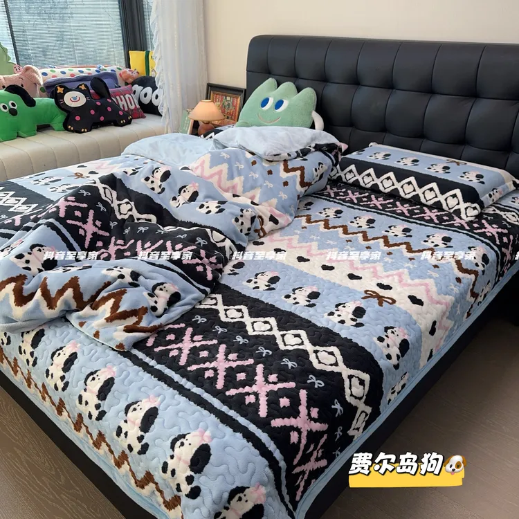 保暖牛奶绒四件套床盖加绒加厚绗缝夹棉双面被套抗静电柔软大床用