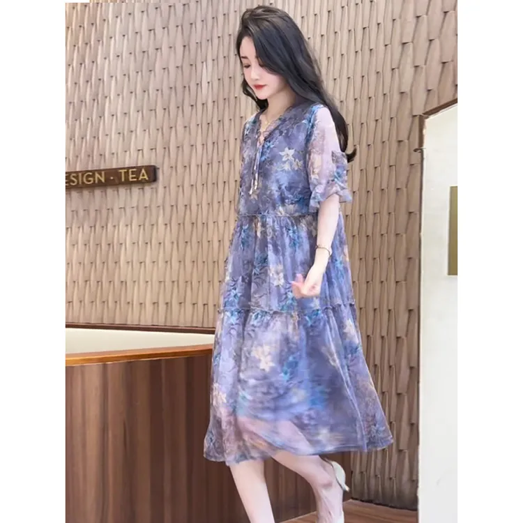 8307#高端碎花裙子女夏季新款遮肚减龄连衣裙洋气妈妈5分袖a字裙