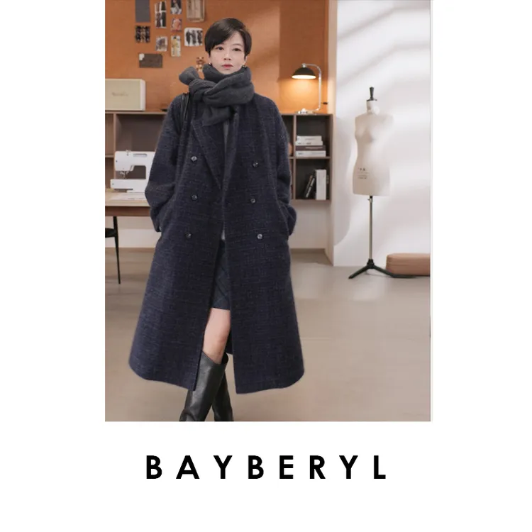 BAYBERYL老贝格莱*格纹驳领中长羊绒秋冬毛呢大衣9MF5I2045-9/21