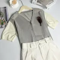 玲姐定制-V领假两件图案刺绣款麻点开衫针织短袖158319
