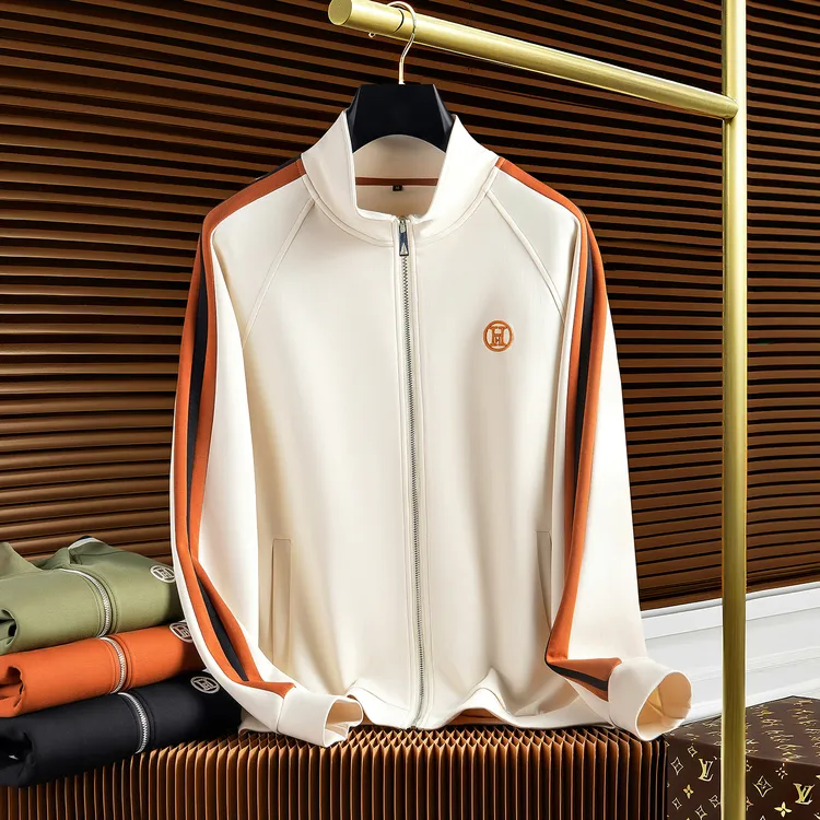 时尚高端秋季潮流撞色织带男夹克太空棉男士修身立领开衫卫衣外套