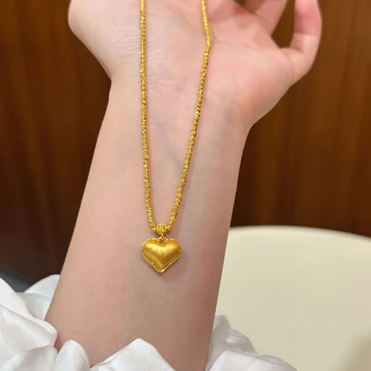 足金999爆闪拉丝爱心蹦迪链螺纹蹦迪珠黄金项链纯金套链生日送礼