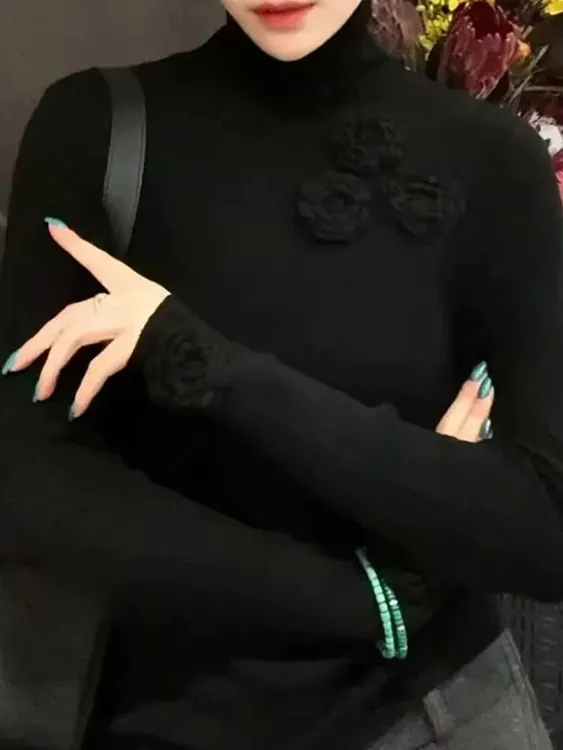 小香风立体花朵蛋白绒半高领打底衫内搭针织衫百搭休闲长袖