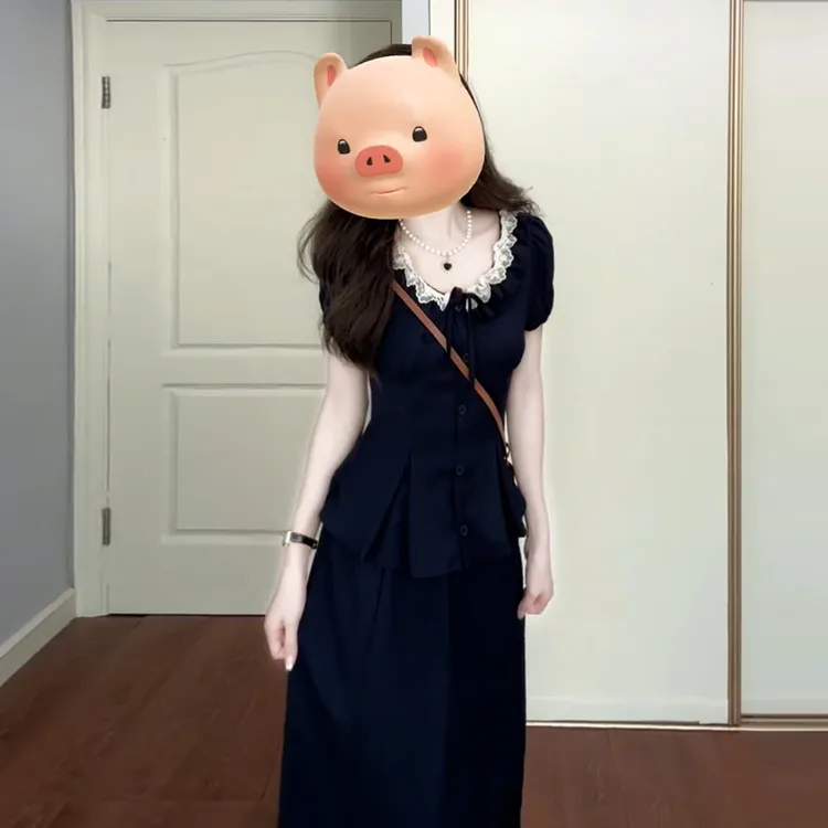 2025新款韩系高级感穿搭一整套连衣裙子女夏季蕾丝边收腰套装长裙