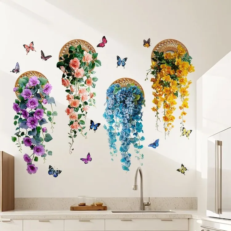 仿真鲜花门口铁艺花朵墙贴自粘墙贴画客厅卧室防水可移除装饰壁画