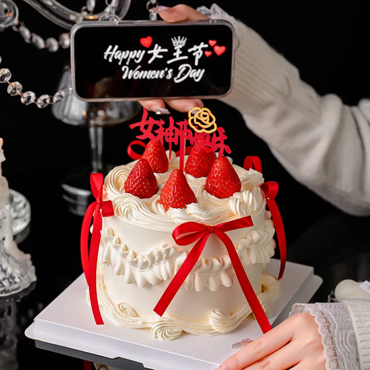 38女神节蛋糕装饰芭蕾风蝴蝶结丝带三八节女王节快乐亚克力插牌