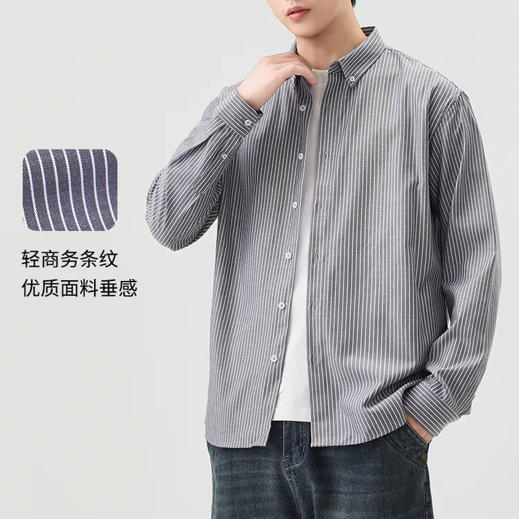 東雨男装秋冬灰色休闲条纹合型青年普通现货棉翻领衬衫外套衬衣