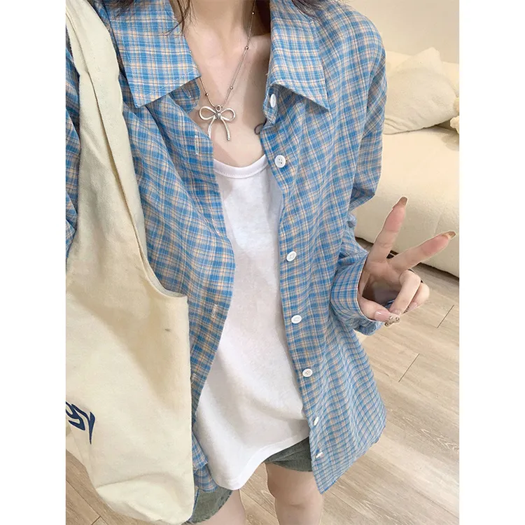早秋蓝色显瘦法式小个子女士休闲长袖别致薄款宽松外搭格子衬衫