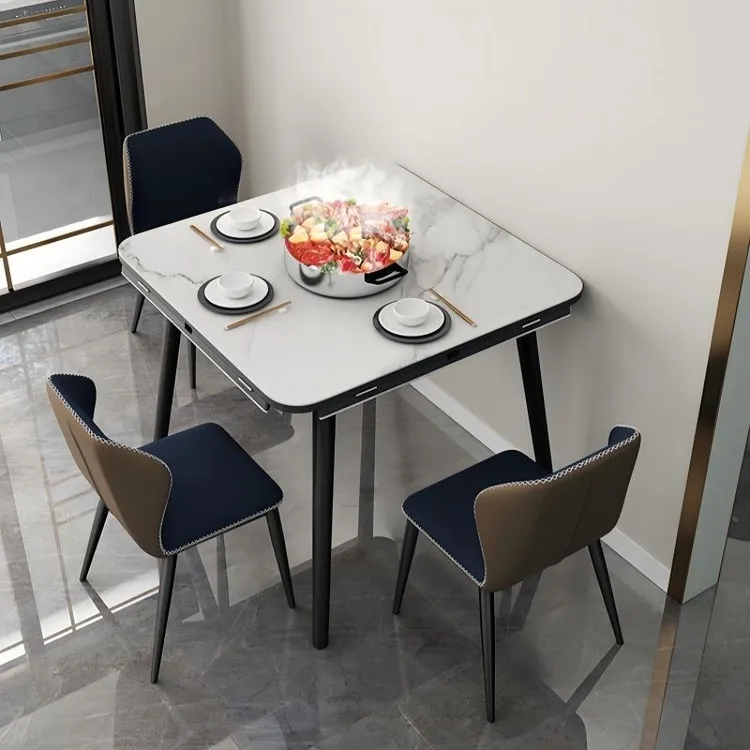 意式折叠岩板餐桌椅组合家用小户型实木饭桌方变圆两用餐厅餐桌子