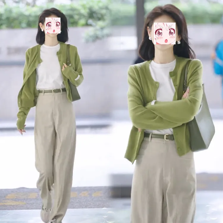 梨形显瘦2025秋季时尚短款长袖毛衣开衫直筒西装裤松弛感两件套装