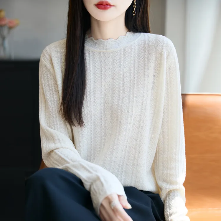 欧根纱 暗花设计 柔软针织毛针织衫纯色提花木耳领女长袖宽松显瘦