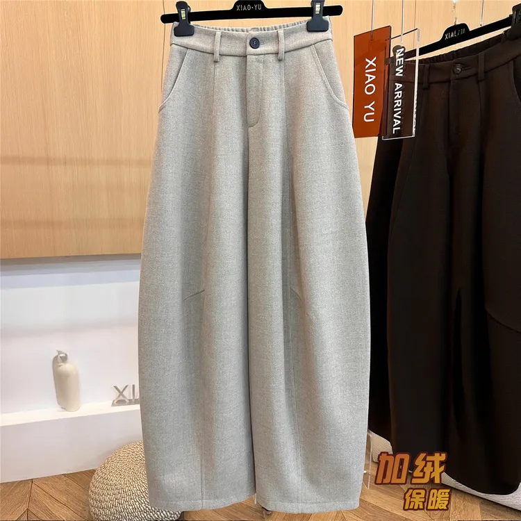 高端欧货冬季新款高级感时尚后松紧高腰显瘦加厚毛呢宽松弯刀裤女