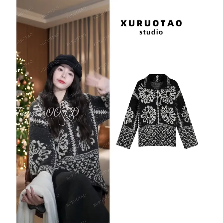 XURUOTAO【雪花毛衣】羊毛设计感冬款重工灰色毛织上衣 T6346