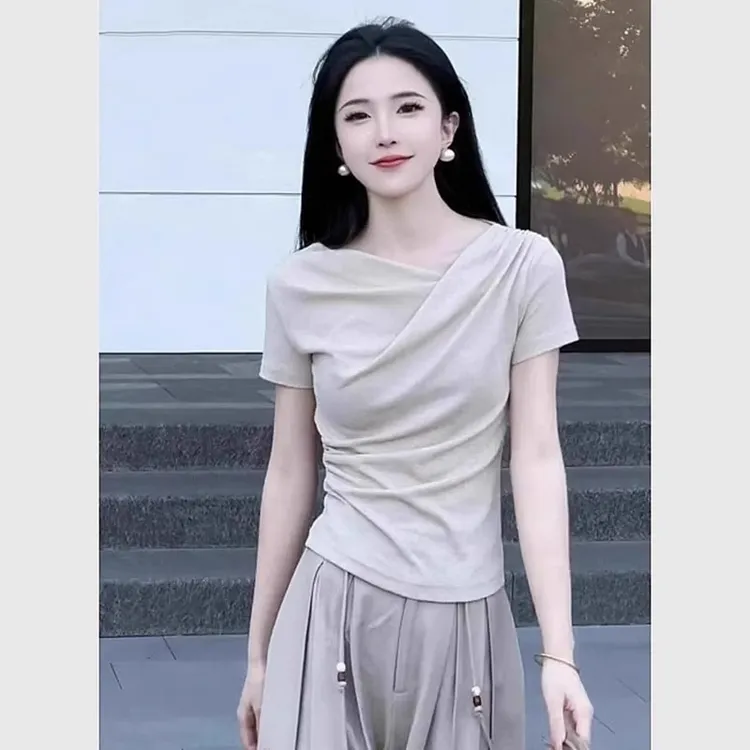 芯娇晴交叉荡领正肩短袖T恤女装夏季收腰别致韩里韩气的穿搭上衣