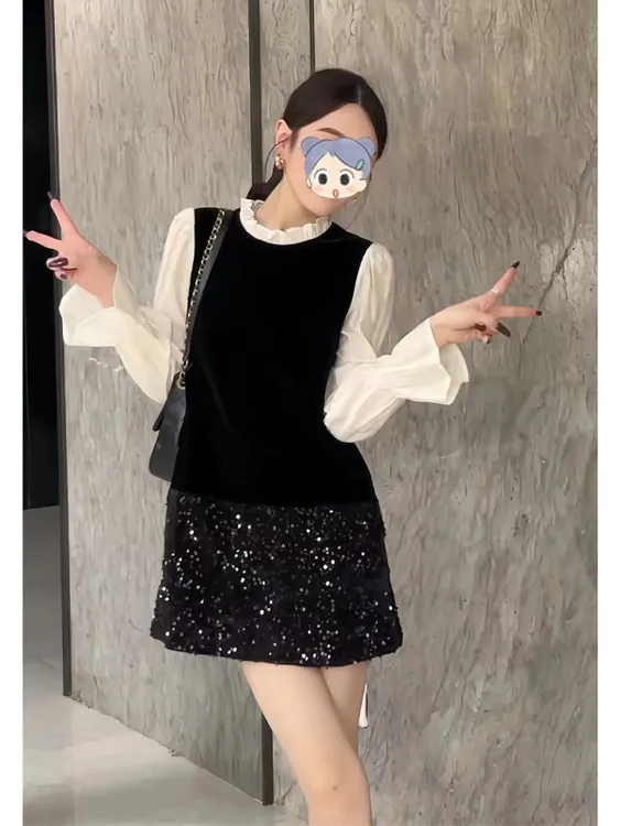 法式优雅气质长袖圆领亮片连衣裙2025秋季新款高端洋气黑白拼接裙