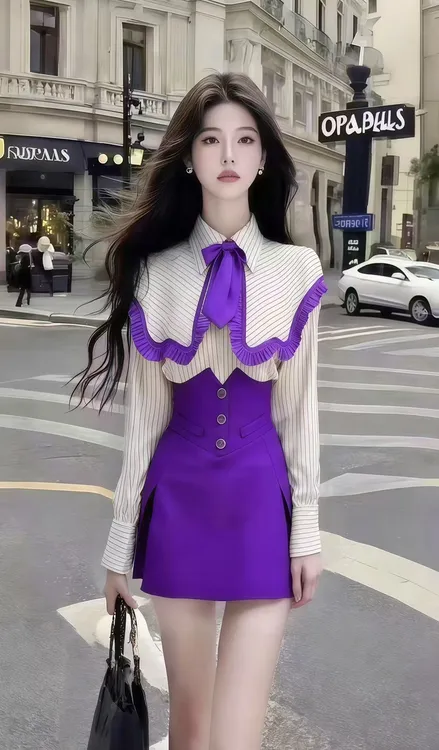 秋季新款高级感条纹翻领长袖设计感上衣+紫色高腰半身裙女两件套