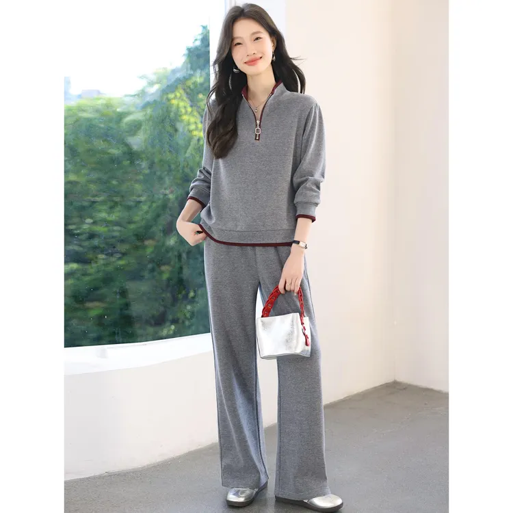 时尚休闲运动风套装女2025秋季新款立领卫衣直筒裤减龄显瘦两件套