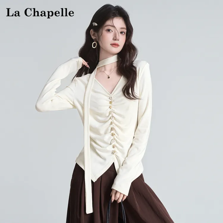 拉夏贝尔时尚V领飘带长袖T恤女2025秋季新褶皱打底衫气质修身上衣