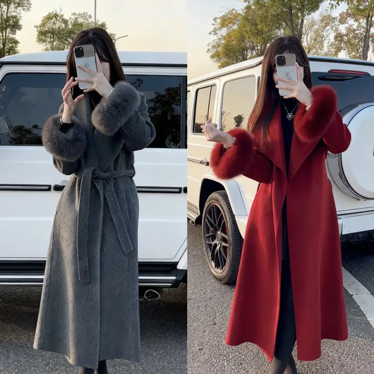 羊毛翻领高级感穿搭显瘦网红可拆卸毛球真毛双面秋冬外套长款韩版