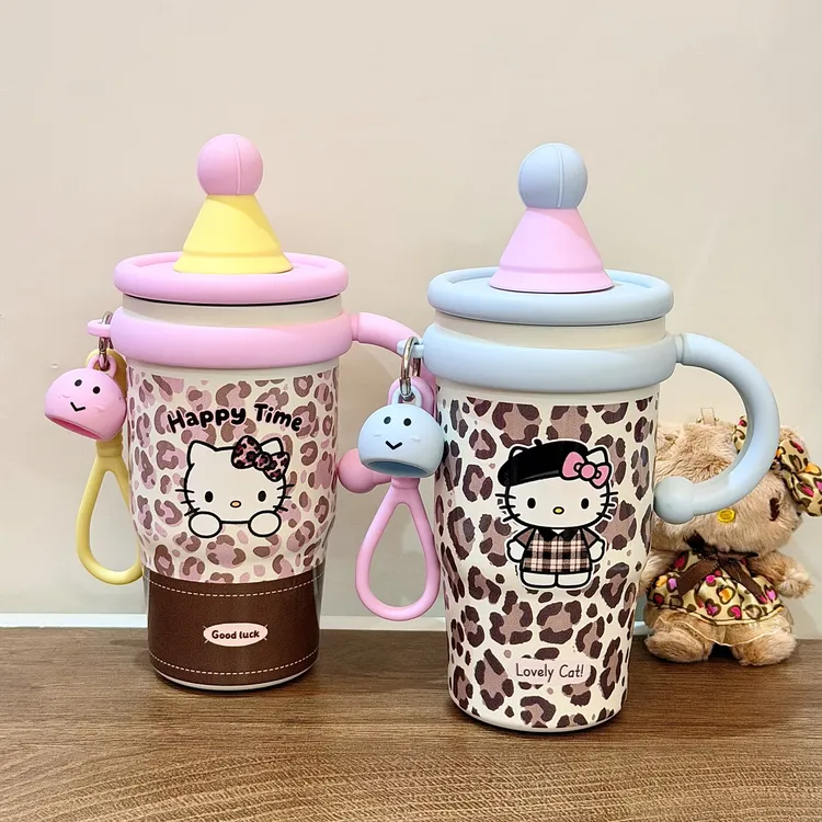 元森商店 豹纹kt316不锈钢保温杯女可爱卡通手柄水杯高颜值吸管杯