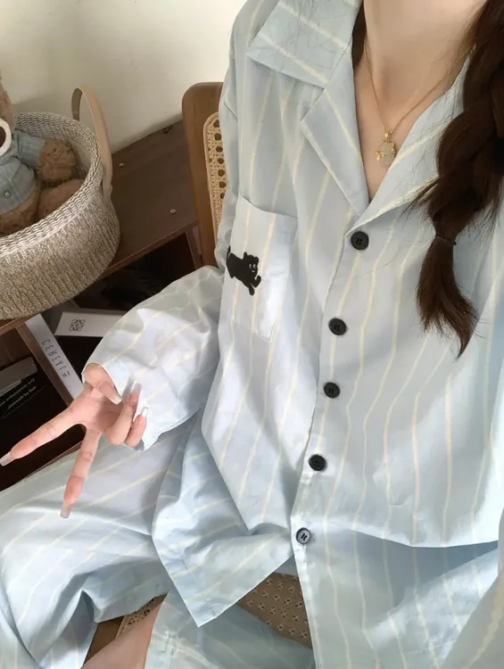 【憨憨专享】【长袖蓝条纹小猫】云朵绵休闲睡衣家居服套装