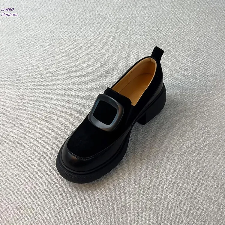 羊皮版~一脚蹬圆头磨砂绒面厚底乐福鞋女中跟静音黑色小皮鞋单鞋