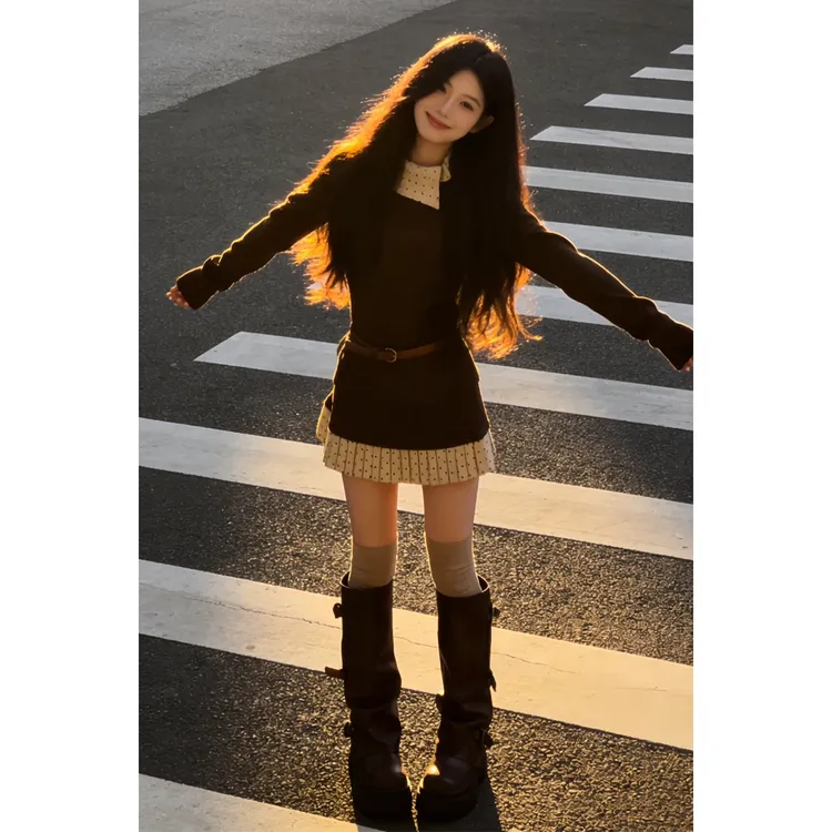 2026新款韩系针织连衣裙子女秋冬季富家千金穿搭内搭短裙两件套装